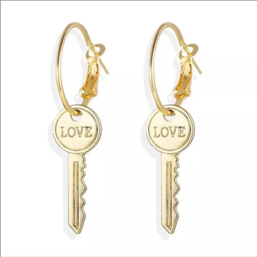 Gold Hoops Dangling Love Keys Drop Earrings NEW
